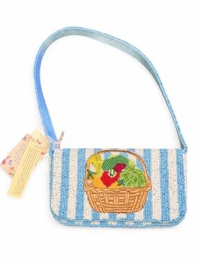 Viral Striped Vegetable Basket Beaded Shoulder Bag NWT